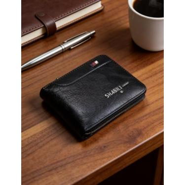 Imagem de Carteira curta masculina dobrável de couro, dobrável fina com bolsos para cartão (preto)