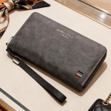 Imagem de Carteira longa casual masculina, carteira de couro com zíper único com vários compartimentos para cartão e bolso para telefone, organizador de bloqueio RFID de grande capacidade (preto)