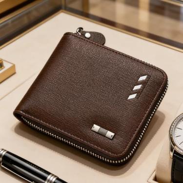 Imagem de Carteira masculina de couro curta com zíper, organizador funcional de café escuro com zíper (café escuro)