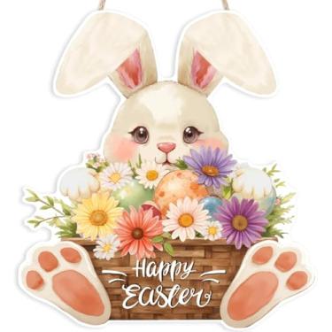 Imagem de Ausril Placa de madeira de Páscoa, decoração de porta de Páscoa feliz, placa de parede para pendurar ovo de coelho, cabide de placa de coelho para decoração de primavera, decoração de primavera