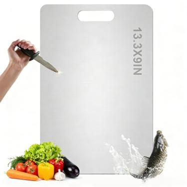 Imagem de Tábua de corte de aço inoxidável para cozinha, tábua de cortar 304 não tóxica de grau alimentício, à prova de deformação e fácil de limpar, superfície não porosa para carne, legumes e frutas, 22 x 33