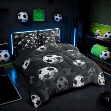 Imagem de Erosebridal Jogo de cama tamanho casal com edredom de futebol americano com lençol para meninos adolescentes com tema esportivo em uma bolsa, jogo de cama 3D, decoração de quarto, preto e cinza