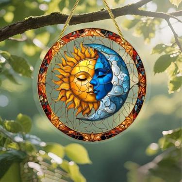 Imagem de Protetor solar de acrílico colorido, rosto de sol e lua, Yin Yang, 18 cm, decoração de parede para janela suspensa com design de vitral impresso, ideia de presente e ornamento de jardim, uso interno e