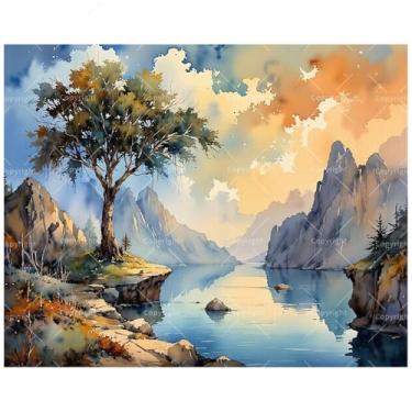 Imagem de Kit de pintura de cenário de montanha por números para adultos – Pintura DIY de árvore por lago e montanhas em tela 40,6 x 50,8 cm, conjunto de tinta acrílica, adequado para iniciantes, arte para