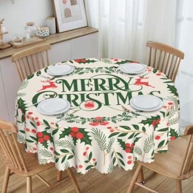Imagem de Keeawou Toalha de mesa redonda floral verde Merry Chiristmas - 152 cm | Resistente à água | Toalha de mesa de poliéster lavável para mesa de jantar