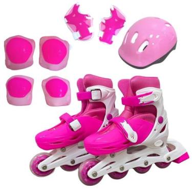 Imagem de Patins inline infantil kit proteção rosa ajustável P 31-34 - Importway