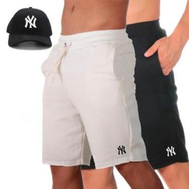 Imagem de Kit 2 Short Praia Bermuda Masculina Moletom Treino Cordao Ajustavel Bolsos Com Bone Aba Pre Curvada-Masculino