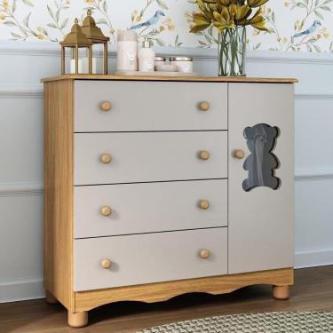 Imagem de Cômoda Infantil 95cm 1 Porta Com Vidro E 4 Gavetas Ternura Multimóveis Mp4479 Madeirado/off White Madeirado/off White