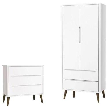 Imagem de Cômoda Infantil Gaveteiro E Guarda Roupa 2 Portas Theo Branco Acetinad