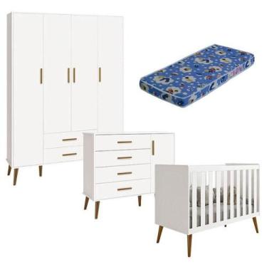 Imagem de Quarto De Bebê Isis 4 Portas Branco Acetinado Com Colchão Ortobom - Re