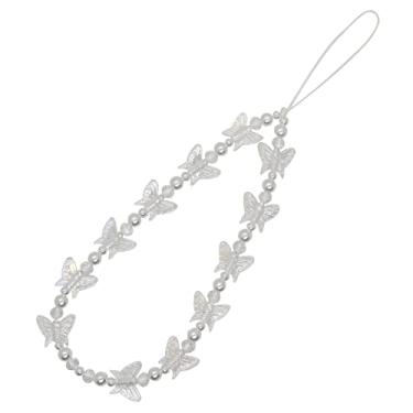 Imagem de Amuleto de telefone com contas, cordão de telefone com contas de rosto sorridente alça de pulso letra de frutas pérola arco-íris contas de argila feitas à mão telefone antiperda (branco-borboleta)