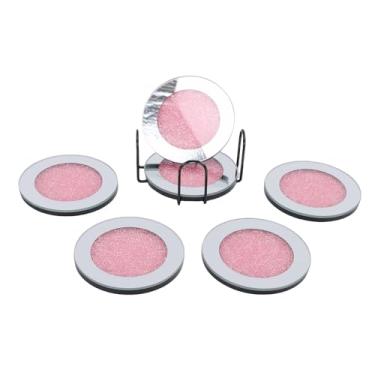 Imagem de Asixxsix Porta-copos Espelhados de Vidro de 6 Unidades Com Suporte, Porta-copos Redondo de 4 Polegadas, de Cristal de Vidro Antiderrapante para Mesa de Centro, Bar de Cozinha, (Rosa)