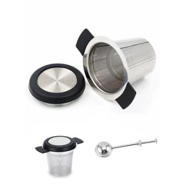Imagem de Conjunto de infusor de chá de aço inoxidável + 1 bola expansível redonda + coador de malha fina (cesta de grande capacidade), alças e tampa à prova de calor, serve para bules, canecas, xícaras