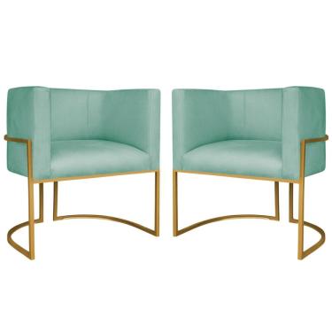 Imagem de Kit 2 Poltronas Dália Luxo Moderna Estofada Design Sofisticado Com Base De Ferro Dourado Suede Cor Azul Ciano