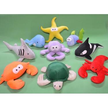 Imagem de Bichos de Pelúcia do Mar 9 Pç Lagosta Polvo Siri Peixe Tubarão Orca Es