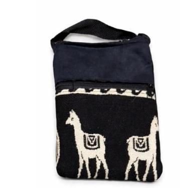 Imagem de Samay Bolsa transversal feita à mão de lã de alpaca do Equador, bolsa de ombro boho andina artesanal com alça, bolsa de viagem pequena, Estampa de lhama preta, Boêmio/Boho Andino/Étnico/Transversal