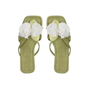 Imagem de GORGLITTER Sandálias femininas douradas com bico quadrado 3D floral floral sem cadarço para férias praia na moda, Verde, 38