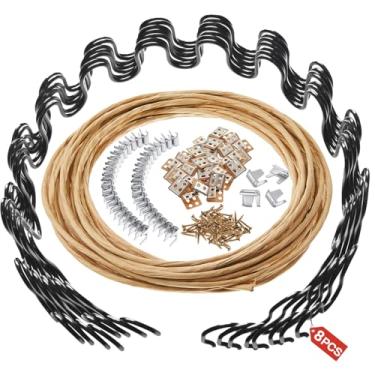 Imagem de MorningRo Kit de substituição de reparo de mola de estofamento de sofá de 63,5 cm - 8 molas resistentes, 16 clipes de mola, 64 pregos, fio de aço de 12 m para fixar almofadas caídas em poltrona