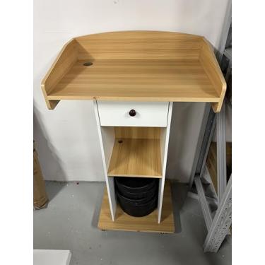 Imagem de Suuiwau Suporte de pódio com armário de armazenamento, púlpito móvel com rodas mentais e orifício para cabo (carvalho + branco)