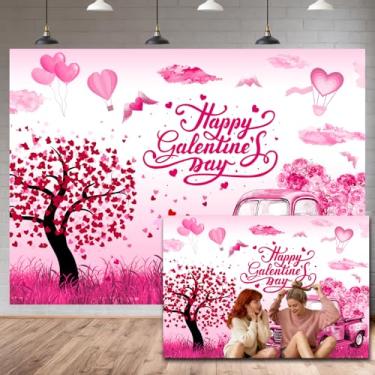 Imagem de Pano de fundo para o dia de Galentine, 2,1 x 1,5 m - design rosa vintage de árvore de caminhão e balão, fundo fotográfico para ela, festa feminina, reunião de amigos, adereços de cabine de fotos