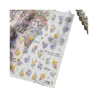 Imagem de Adesivo De Unha Floral Preto E Branco Semi-Transparente Com Flores Em 