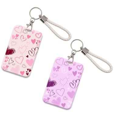 Imagem de 2 peças de porta-crachá de identificação de coração fofo com chaveiro, chaveiro legal para cartão de identificação, capa protetora para cartão e foto para mulheres, meninas, crianças, professoras para