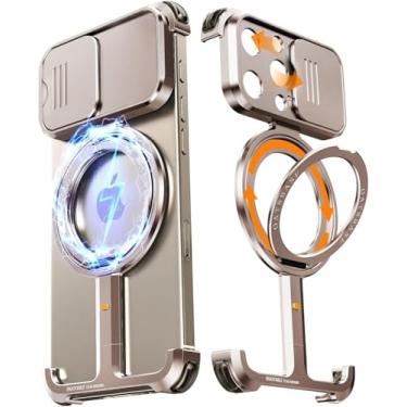 Imagem de HUHUCASE Capa de celular com suporte magnético, adequada para iPhone15/16promax capa deslizante de proteção de lente com suporte giratório de 360 graus capa protetora sem moldura (Desert Gold, iPhone