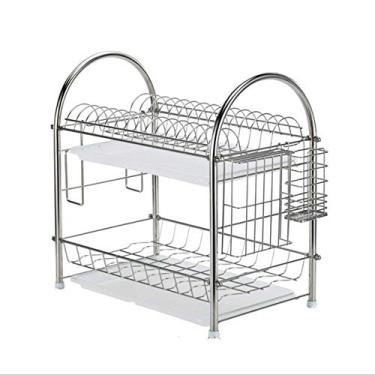 Imagem de U5GAAALPPQ9 Escorredor de pratos de aço inoxidável rack de drenagem de duas camadas rack de armazenamento sem ferrugem com suporte de pauzinhos escorredor de copos de prato (cor: prata) rack de tigela