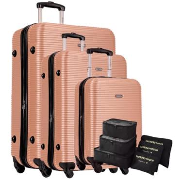 Imagem de Cj de Mala Bordo 10kg + Média 23kg + Grande 32kg Expansível, com Cadeado TSA, ABS Reforçado + Kit Organizador Necessaire 6 peças p Meias Calcinhas e Sapatos (4 Travel Dourado, Kit PMG)