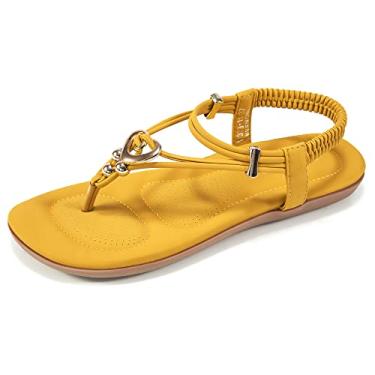 Imagem de Alicegana Sandálias femininas de verão, boêmia com contas, tira no tornozelo, casual, sandálias femininas sensuais, sapatos confortáveis, Amarelo, 35