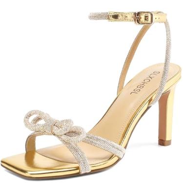 Imagem de SLXCHBSL Sandálias femininas de dedo quadrado com strass ajustáveis no tornozelo e dois laços, salto alto de 7,6 cm, festa de casamento, formatura, sapatos confortáveis brilhantes para mulheres