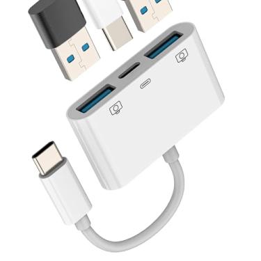 Imagem de Adaptador USB C para USB duplo (3 em 1) OTG 3.0 tipo C adaptador de cabo carregador para iPhone 16 15 Pro Max compatível com Samsung S25 S24 S23 para iPad Tablet Conversor de conexão para câmera de