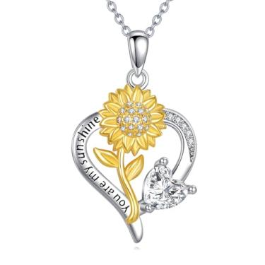 Imagem de KQF Colar de girassol para mulheres, prata esterlina, presente de aniversário, banhado a ouro 18K, You Are My Sunshine, coração, joia de girassol, presentes de dia das mães para esposa