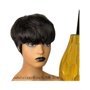 Imagem de Peruca Pixie Preta Natural Com Franja, 100% Cabelo Humano Remy Brasile