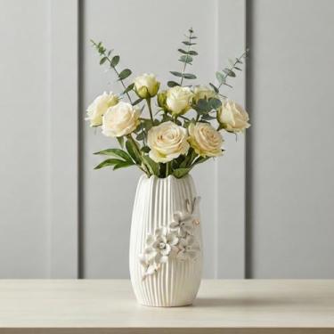 Imagem de Wancetang Vaso de cerâmica branca – Vaso texturizado moderno para centros de mesa, vasos decorativos de flores 3D, decoração de casa, prateleira de banheiro, estante de livros, cozinha, decoração de