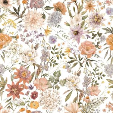 Imagem de VEELIKE Papel de parede floral rosa pêssego floral boho chique flor papel de parede para quarto de meninas 17,7 x 354 polegadas papel de parede floral autoadesivo removível para banheiro, berçário
