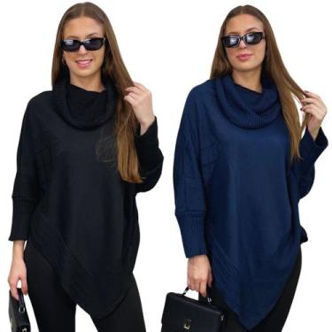 Imagem de Kit 2 Ponchos Bico Tricot Casaco Mousse Macio Feminino Casual Com Punh