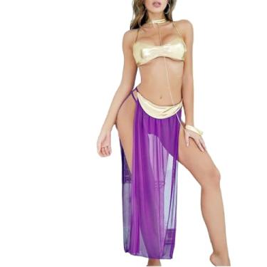 Imagem de Mini Kitty Fantasia feminina de princesa escrava Leia biquíni dourado brilhante, sutiã com babados, saia de carnaval, cosplay, lingerie, Roxa, One Size