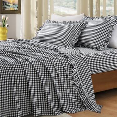 Imagem de KKJIAF Jogo de cama queen xadrez com babados, 4 peças, lençol de cama queen de algodão guingão, sensação confortável, respirável, babados, xadrez, com bolso profundo de 40,6 cm, preto