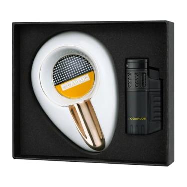 Imagem de Isqueiro de charuto 4 tochas de chama a jato com conjunto de cinzeiro perfurador à prova de vento butano isqueiro recarregável