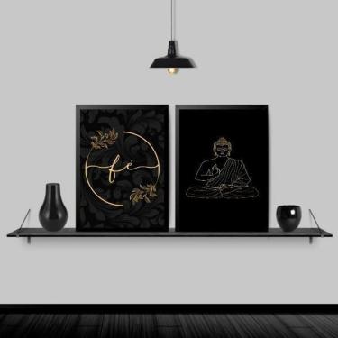 Imagem de Kit 2 Quadros Buda Fé Preto Com Dourado 45X34 Moldura Preta