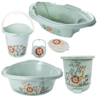 Imagem de Kit banheira de bebê decorada ludica plasutil 6 peças + bacia + lixeir