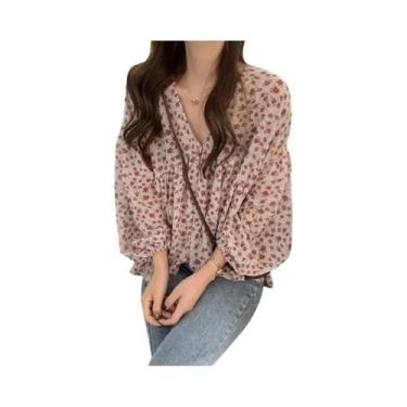Imagem de Blusa Feminina De Chiffon Com Decote Em V, Estampa Floral, Manga Longa