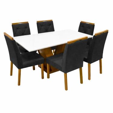 Imagem de Mesa de Jantar Classic 160x80cm com Vidro e 6 Cadeiras Jasmim em Veludo Estofadas Cel Móveis Cor Cinamomo Off White com Tecido Preto