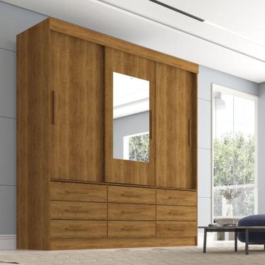 Imagem de Guarda Roupa Casal 3 Portas 9 Gavetas com Espelho Luana Sallêto Móveis Cinamomo