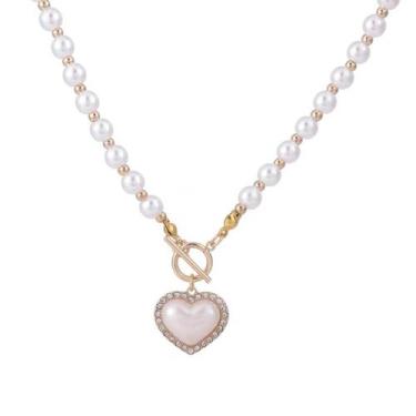 Imagem de Colar Choker Pérolas com Pingente Coração Dourado Feminino - - anjo da