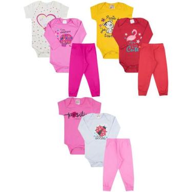 Imagem de Kit Body Bebê Estampado Manga Longa e Manga Curta com Calça Mijão com 