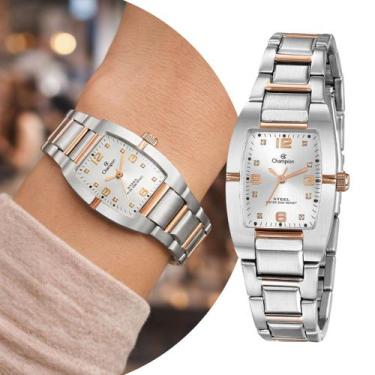 Imagem de Relógio Feminino Prata e Rosé Quadrado Pequeno com Caixa e Pulseira de