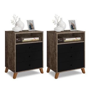 Imagem de Kit 2 criados de cabeceira retro pes palito 3 gavetas e 1 nicho castan