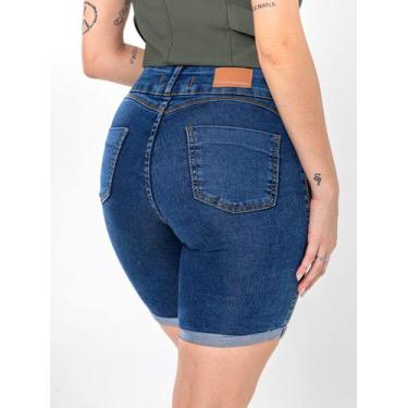 Imagem de Short jeans feminino meia coxa com lycra cintura alta barra dobrada mo